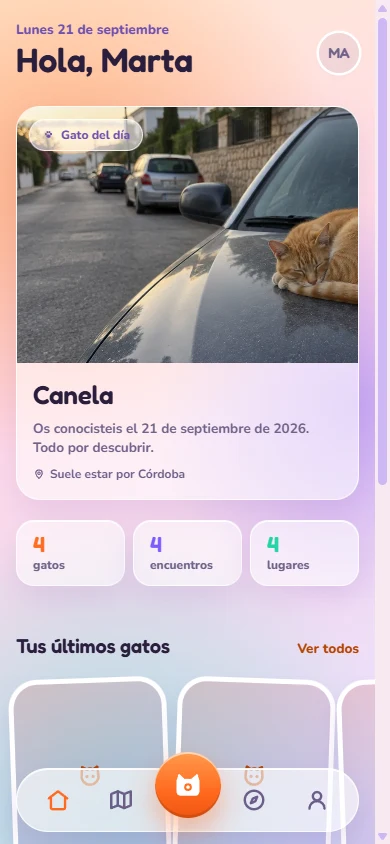 La pantalla de inicio de CatGO! con el gato del día