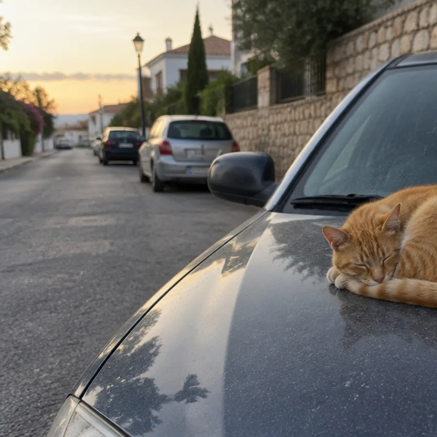 Gato naranja dormido sobre el capó de un coche