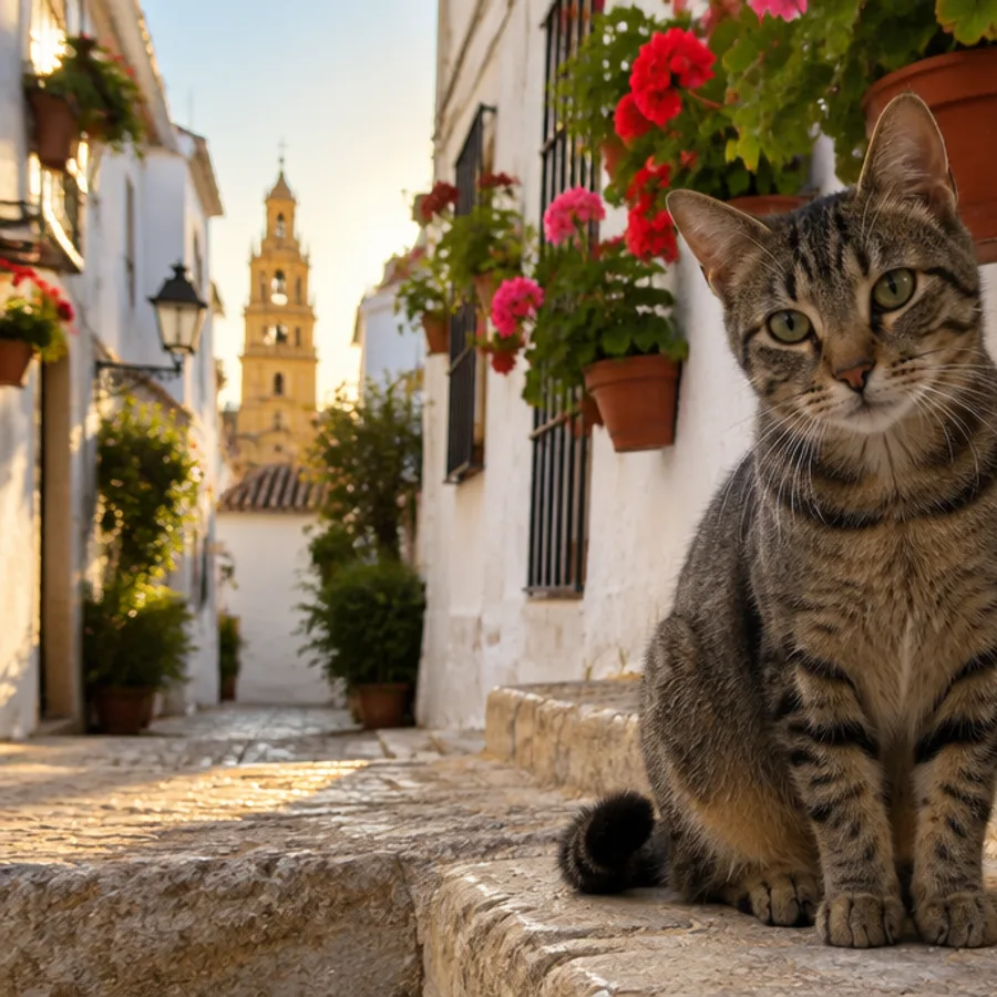 Gato atigrado sentado en unas escaleras de una calle andaluza