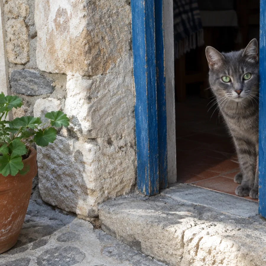 Gato gris asomándose por una puerta azul