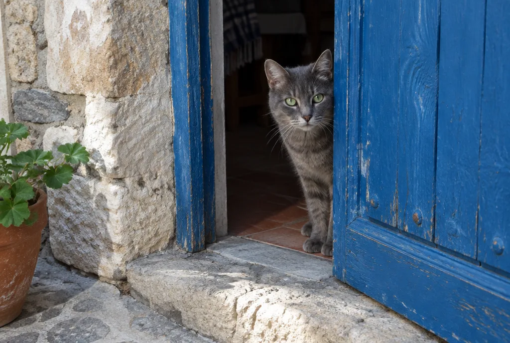 Gato gris en una puerta