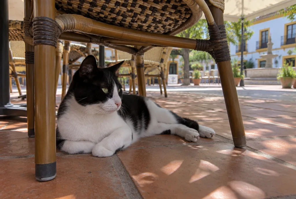 Gato bajo una silla de terraza