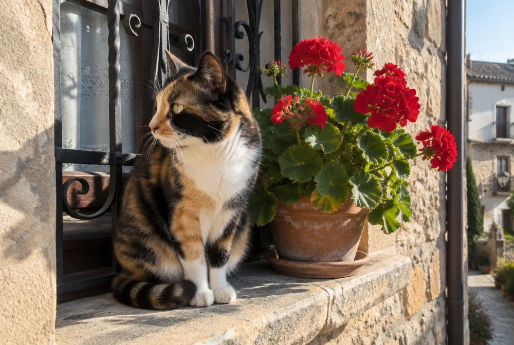 Gata de tres colores en el alféizar de una ventana